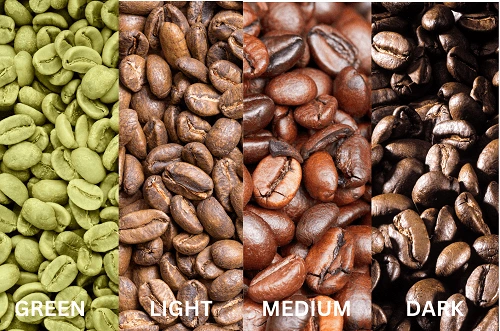 coffee beans roasting levels from green to light, medium and dark